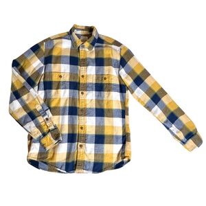 Men's Flannel Button Up Shirt J Crew Cotton Blue Yellow Plaid Grunge 90s